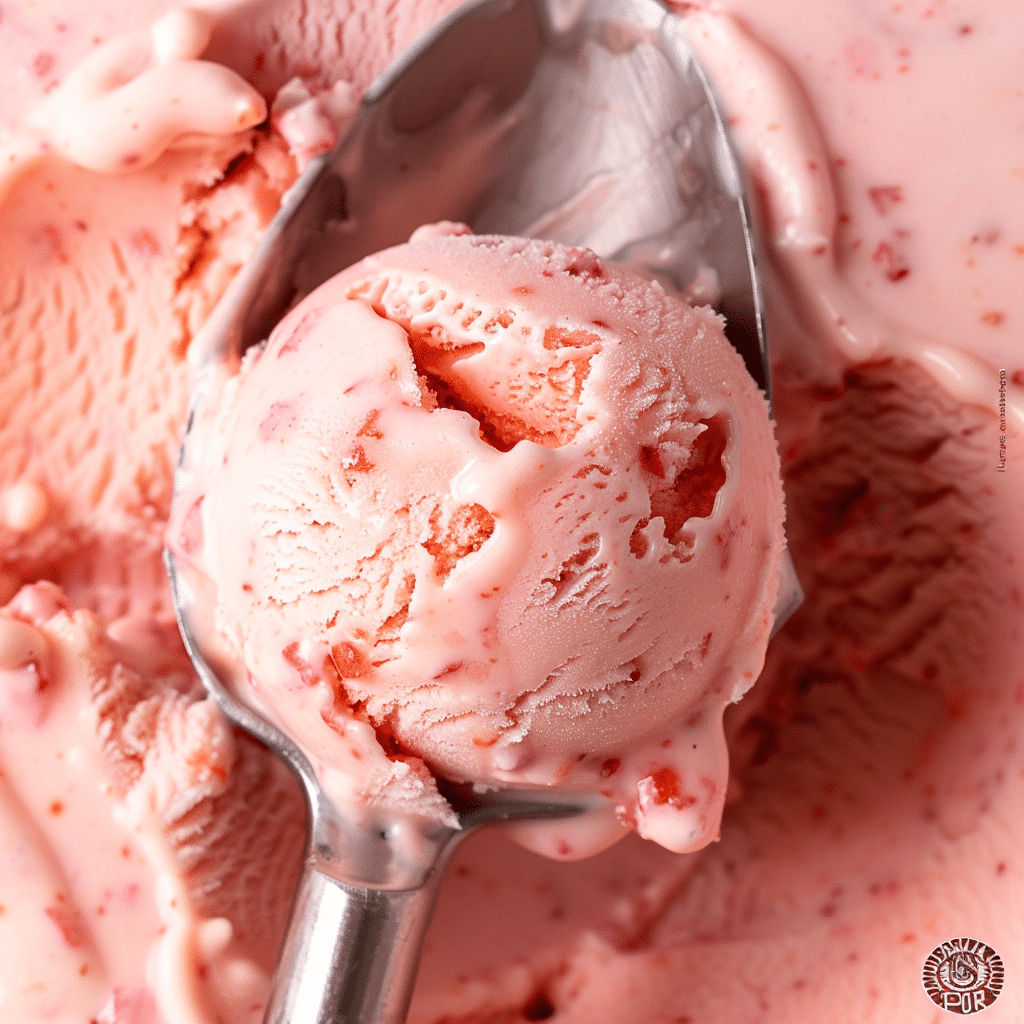 Ice Cream Chocolate Vanilla and Strawberry Magic 18 Freshly scooped strawberry ice cream