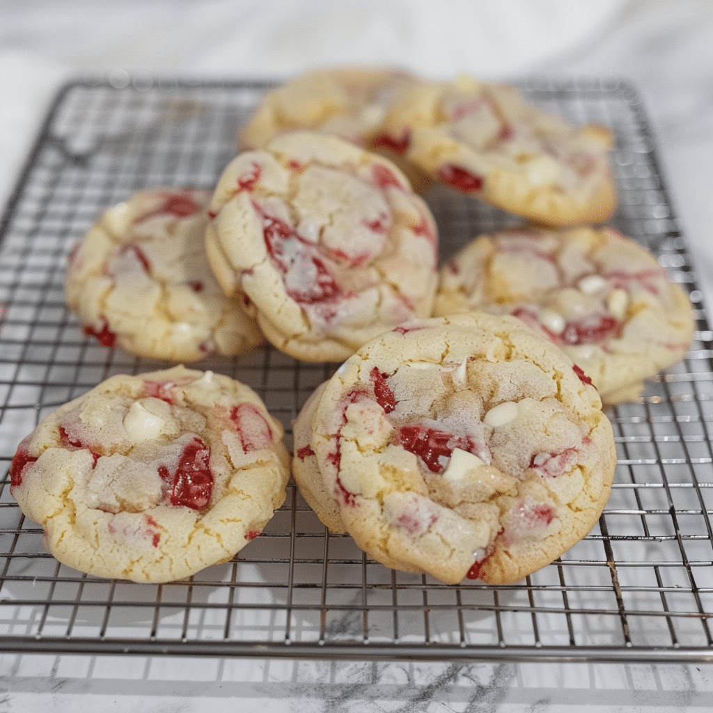 Stack of strawberry lemon cookies piled on cooling rack