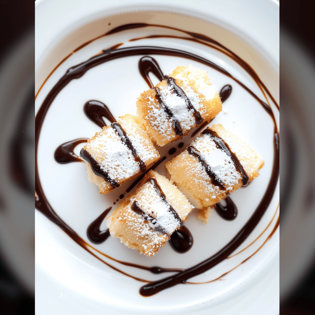 Tempura cheesecake pieces drizzled with chocolate sauce on white plate
