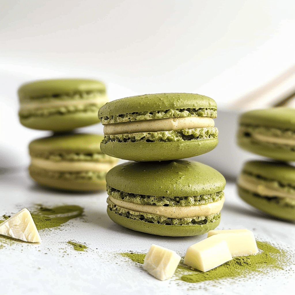 Matcha Tea Macarons You’ll Love to Bake And Share 17 Three matcha macarons stacked on a white surface with matcha powder