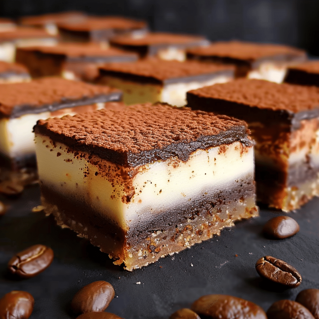 Tiramisu blondies with cocoa powder dusting and coffee beans on black surface