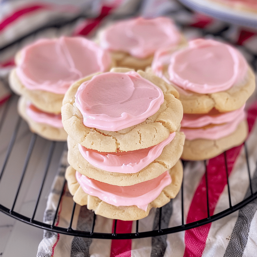 Crumble Sugar Cookie Recipe So Good You’ll Crave It 15 Stack of pink frosted Crumbl sugar cookies on a cooling rack