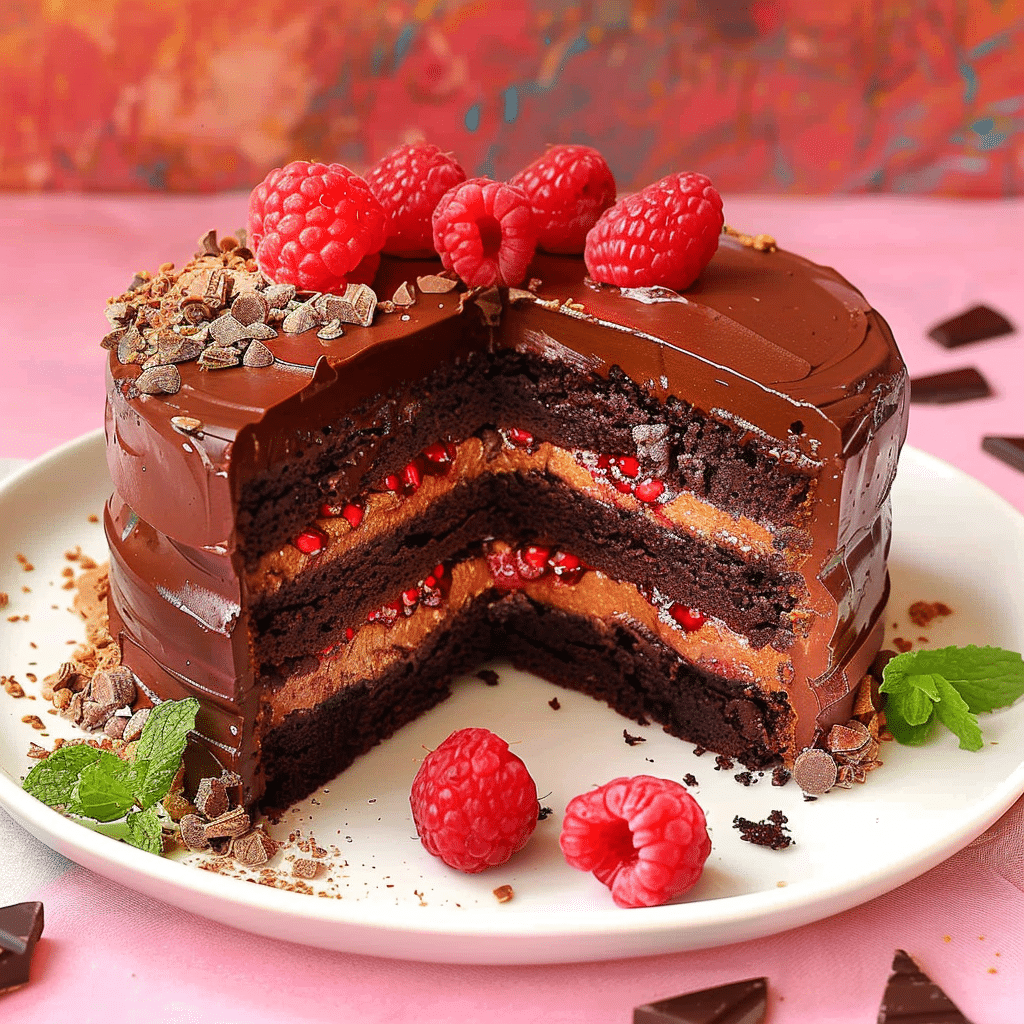 Raspberry and Dark Chocolate Cake Everyone Will Love 12 Layered raspberry chocolate cake with ganache and raspberry garnish