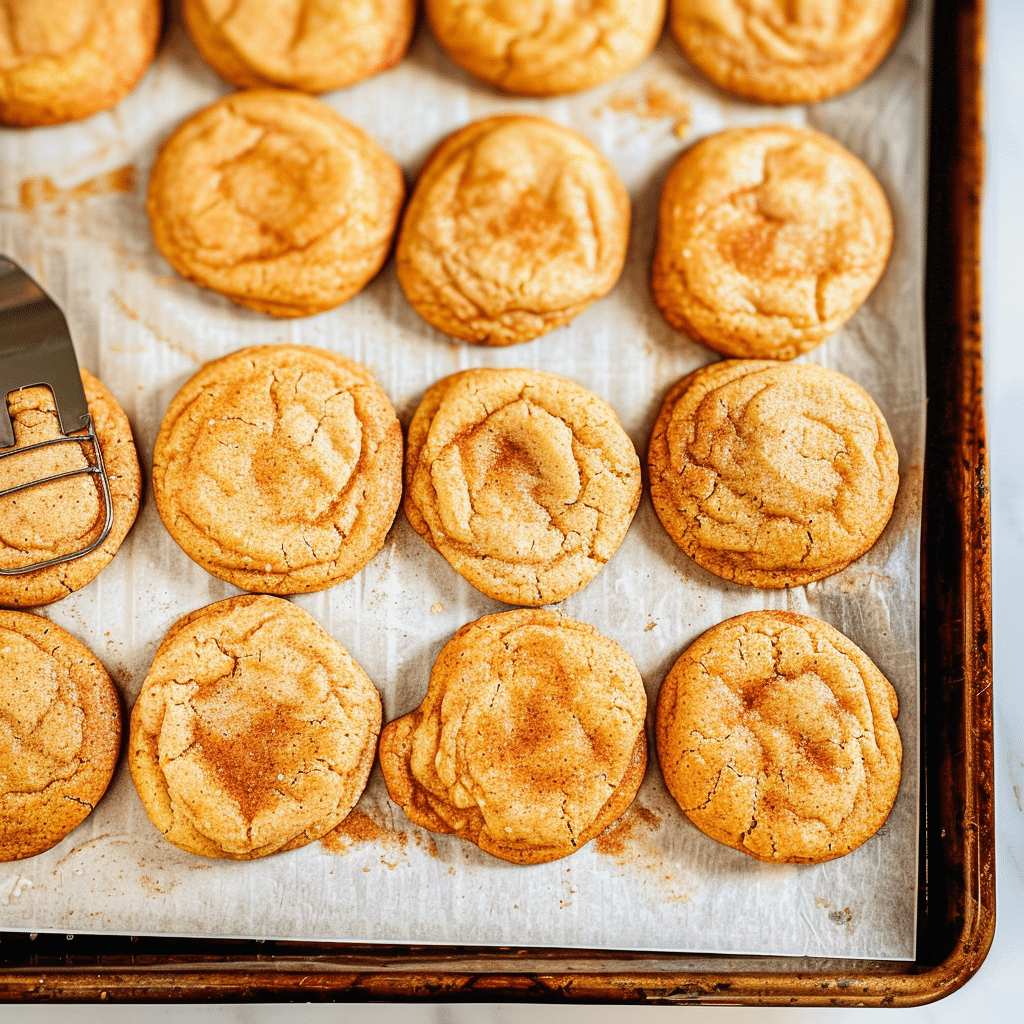 Fresh cookies from No Cream of Tartar Snickerdoodle Recipe cooling on tray