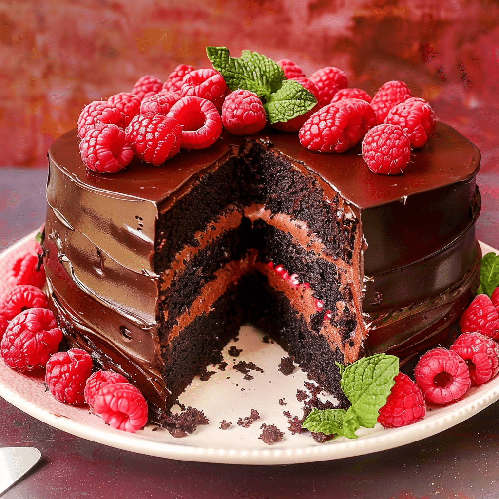 Rich raspberry and dark chocolate layer cake with glossy ganache and fresh raspberries