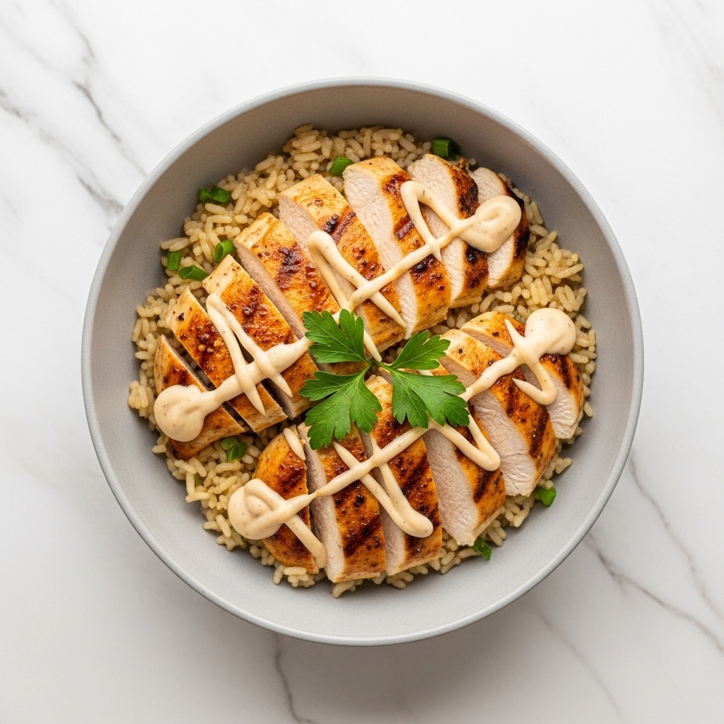 Chicken & Rice Bowls with Creamy Garlic Sauce