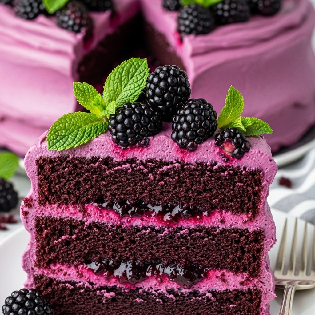 A close-up of a layered chocolate cake with purple blackberry frosting, blackberry jam filling, and topped with fresh blackberries and mint leaves. A slice is cut and placed on a white plate with a fork.