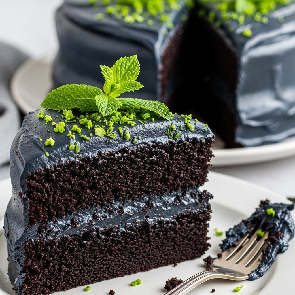 A slice of dark chocolate cake with black frosting, garnished with green mint leaves and green sprinkles, sits on a white plate with a fork. The whole cake, similarly decorated, is in the background.