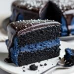 Velvety Midnight Chocolate Cake: Easy Dessert Idea 3 A slice of dark chocolate cake with deep blue frosting and chocolate glaze, topped with white sprinkles, sits on a white plate beside a fork. The rest of the cake is visible in the background.
