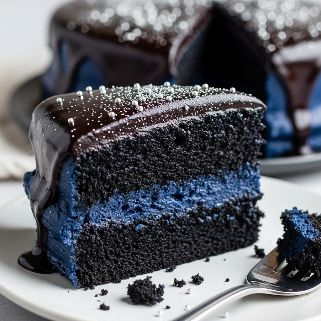 A slice of dark chocolate cake with deep blue frosting and chocolate glaze, topped with white sprinkles, sits on a white plate beside a fork. The rest of the cake is visible in the background.