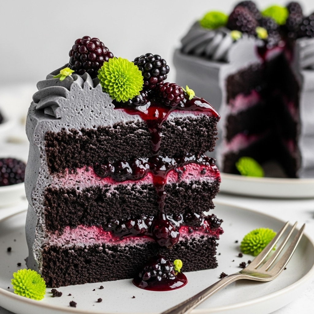 A slice of dark chocolate layer cake with grey frosting, blackberry filling, and whole blackberries on top, garnished with small green flowers, sits on a white plate with a fork.