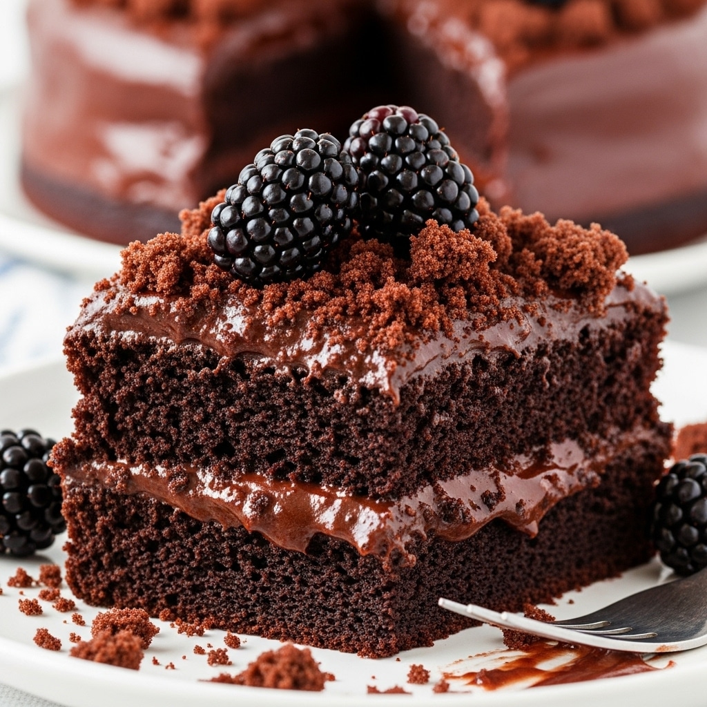 A slice of rich chocolate cake with chocolate frosting and crumbs, topped with fresh blackberries, sits on a white plate with a fork. The background shows the remaining cake.