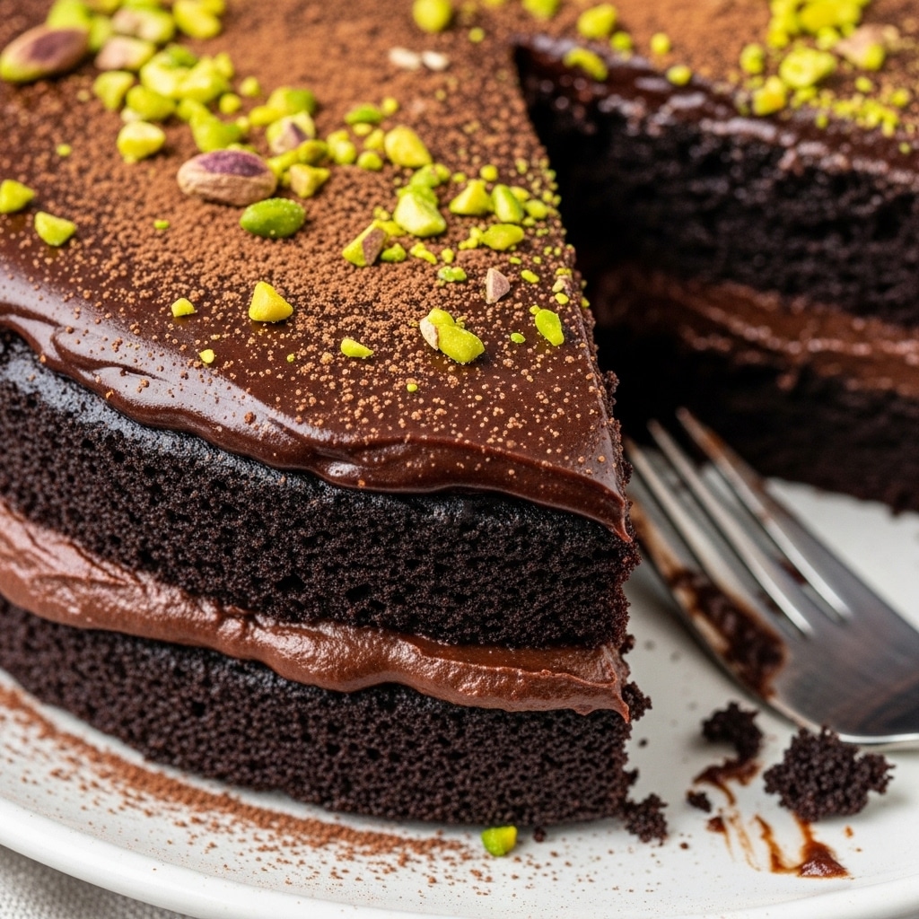 A close-up of a rich chocolate layer cake with chocolate frosting, topped with cocoa powder and chopped pistachios. A slice has been cut, and a fork rests on the plate beside the cake.
