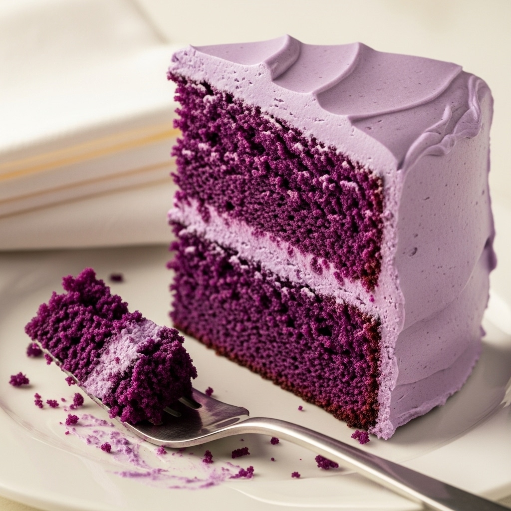 A slice of two-layer purple cake with matching purple frosting, sitting on a white plate. A fork on the plate holds a bite-sized piece of cake. A folded napkin is in the background.
