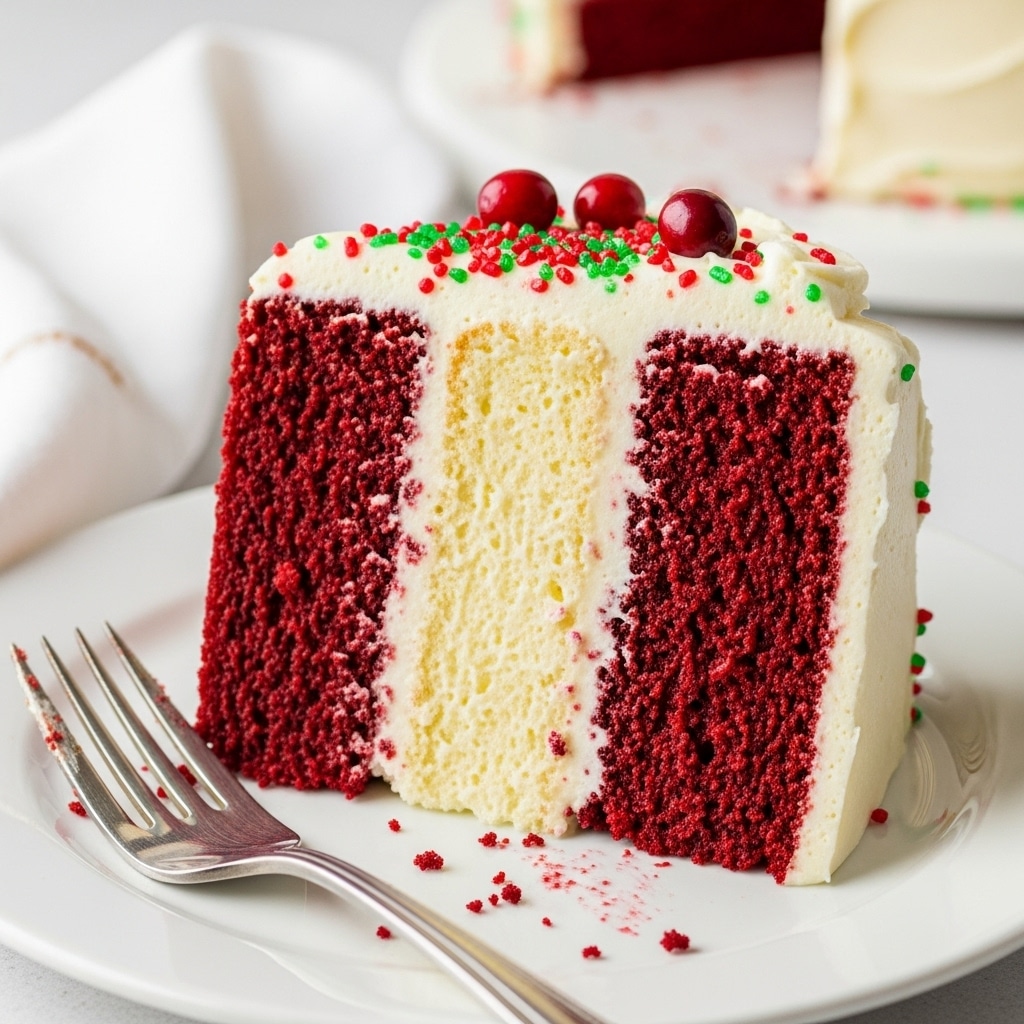 A slice of festive cake with red velvet and yellow layers, topped with white frosting, red and green sprinkles, and three red berries, sits on a white plate with a fork beside it.