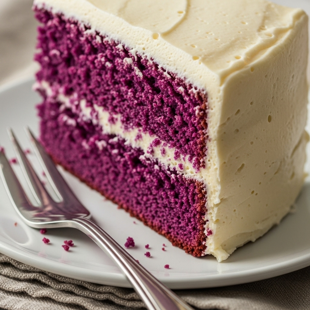 A slice of vibrant purple cake with two layers, filled and topped with creamy white frosting, sits on a white plate next to a fork.