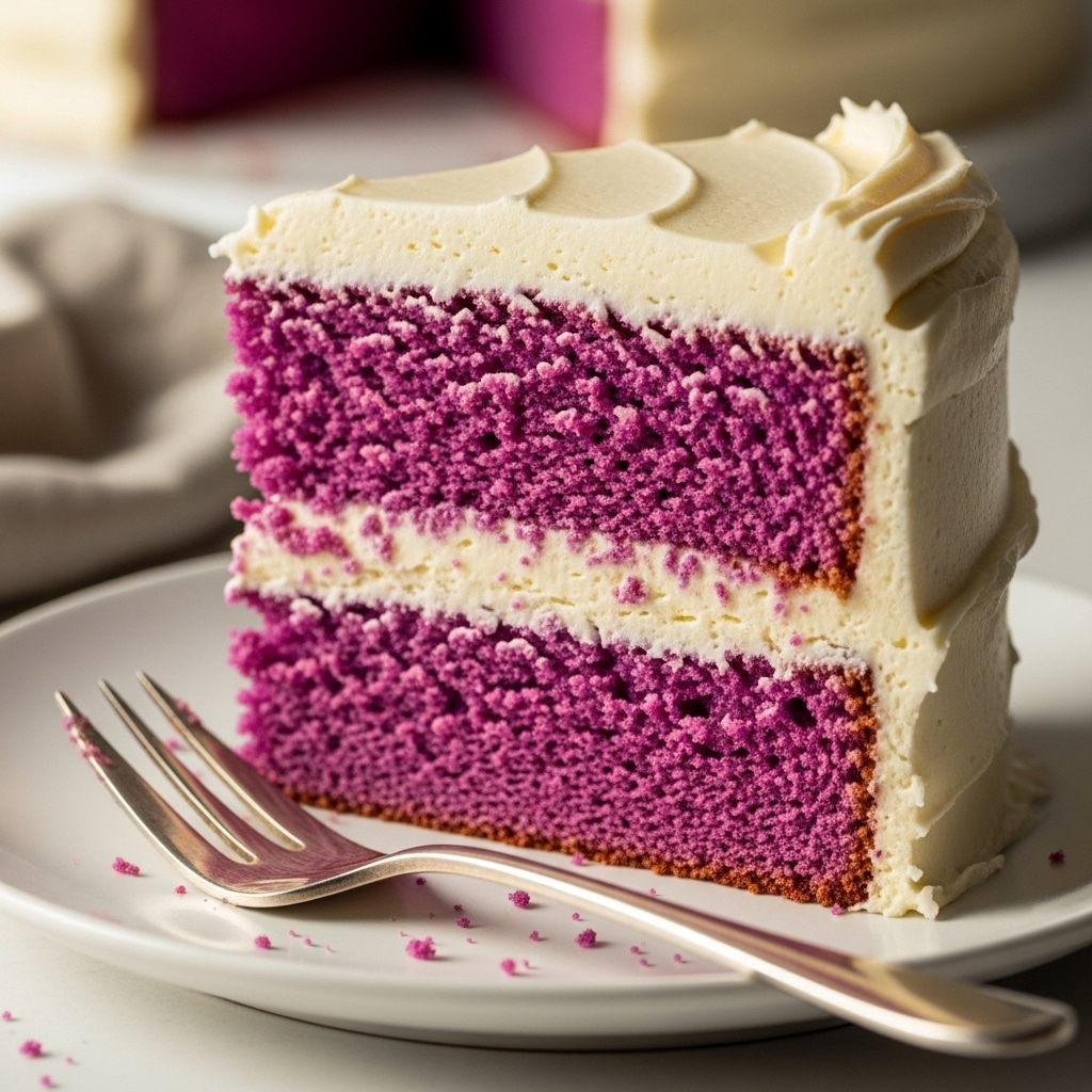 A slice of vibrant purple cake with two layers, separated and topped by creamy white frosting, sits on a white plate with a fork beside it. Another part of the cake is visible in the background.