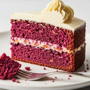 A slice of vibrant red velvet cake with creamy white frosting and a decorative swirl on top, served on a white plate with a fork holding a bite-sized piece.