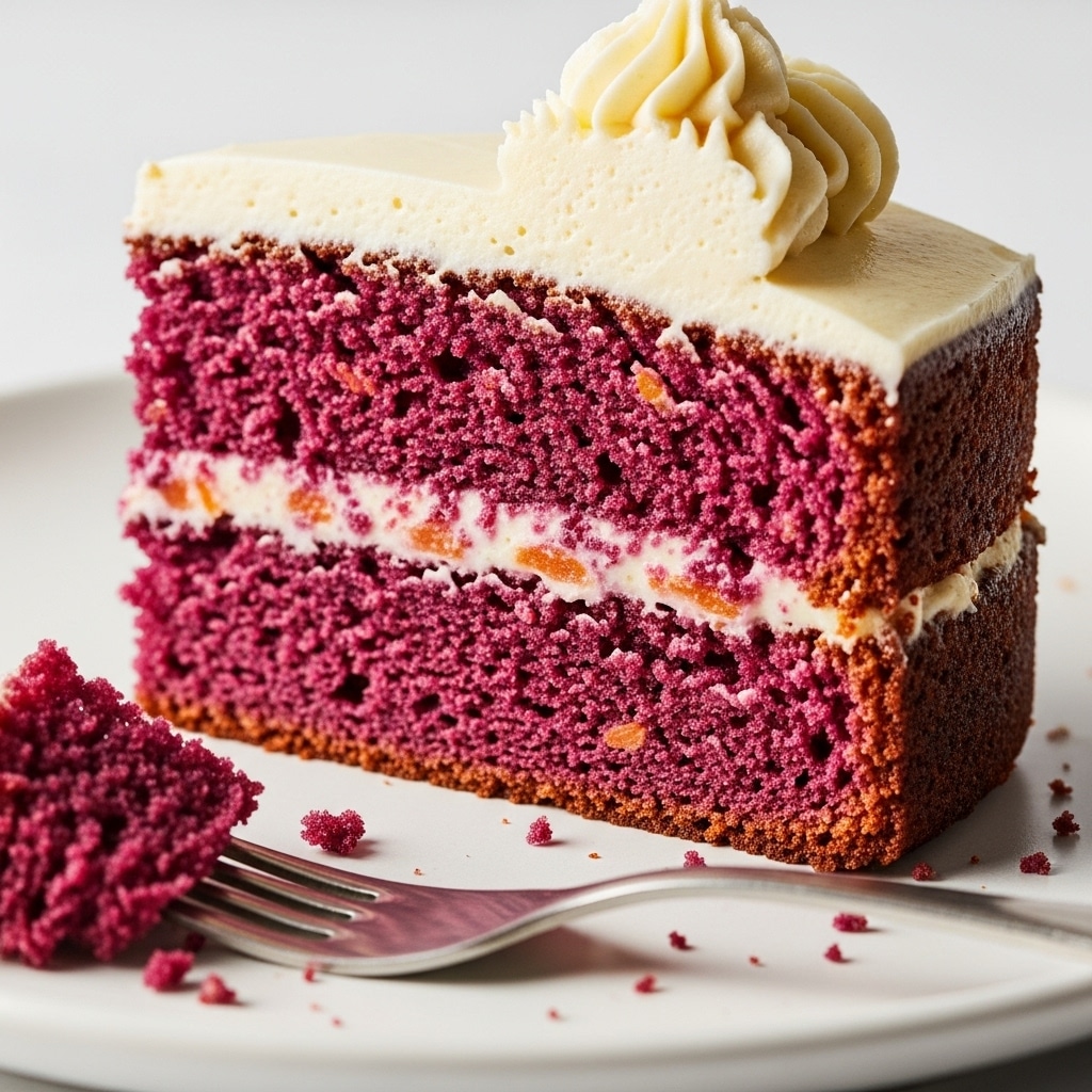 A slice of vibrant red velvet cake with creamy white frosting and a decorative swirl on top, served on a white plate with a fork holding a bite-sized piece.